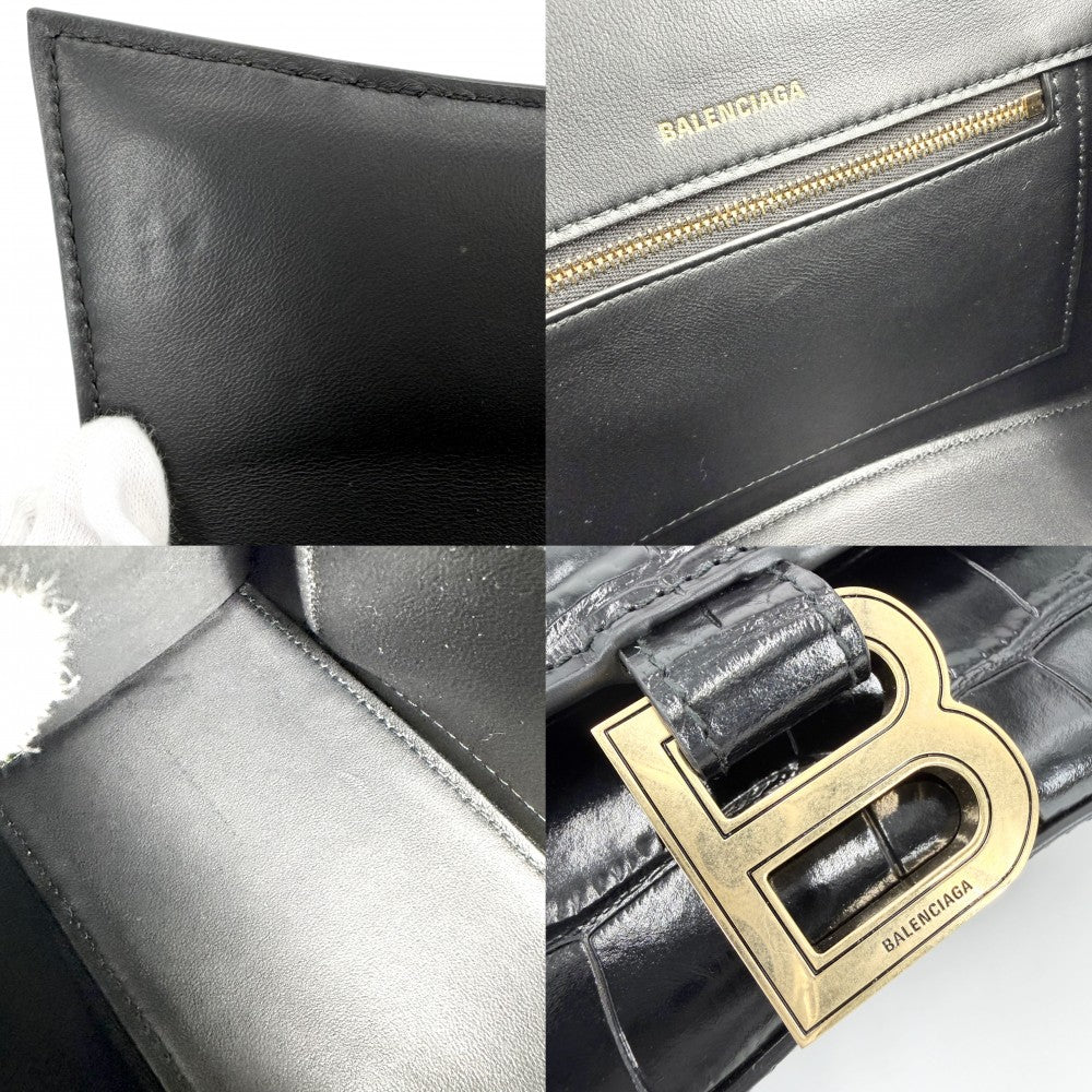 BALENCIAGA バレンシアガ 2WAY アワーグラス　スモール ハンドバッグ ショルダーバッグ HOURGLASS クロコ型押し トップハンドル 593546 レザー ブラック 黒 アンティークゴールド金具 レディース【中古品】