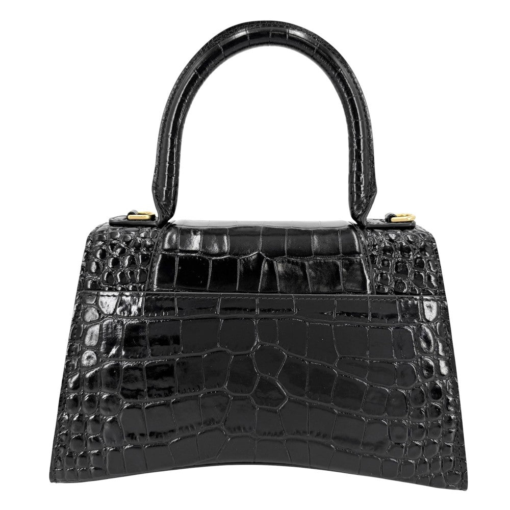 BALENCIAGA バレンシアガ 2WAY アワーグラス　スモール ハンドバッグ ショルダーバッグ HOURGLASS クロコ型押し トップハンドル 593546 レザー ブラック 黒 アンティークゴールド金具 レディース【中古品】