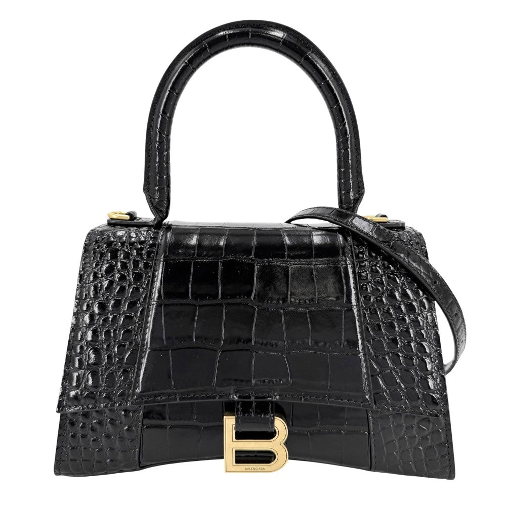 BALENCIAGA バレンシアガ 2WAY アワーグラス　スモール ハンドバッグ ショルダーバッグ HOURGLASS クロコ型押し トップハンドル 593546 レザー ブラック 黒 アンティークゴールド金具 レディース【中古品】