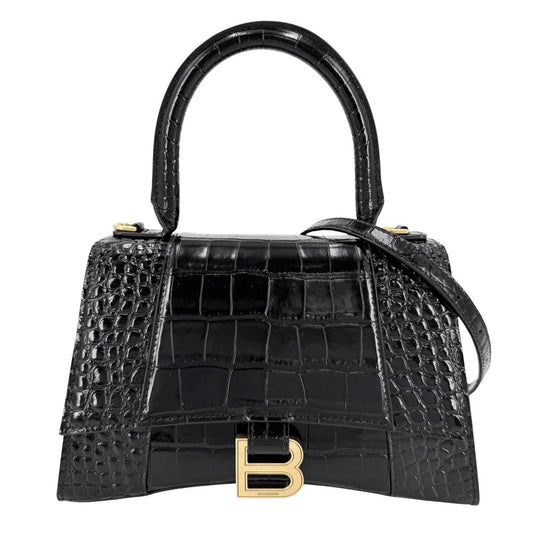BALENCIAGA バレンシアガ 2WAY アワーグラス　スモール ハンドバッグ ショルダーバッグ HOURGLASS クロコ型押し トップハンドル 593546 レザー ブラック 黒 アンティークゴールド金具 レディース【中古品】
