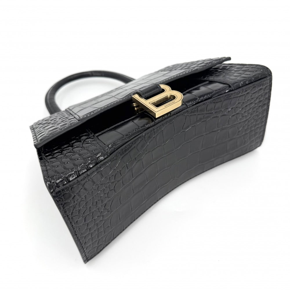 BALENCIAGA バレンシアガ 2WAY アワーグラス　スモール ハンドバッグ ショルダーバッグ HOURGLASS クロコ型押し トップハンドル 593546 レザー ブラック 黒 アンティークゴールド金具 レディース【中古品】