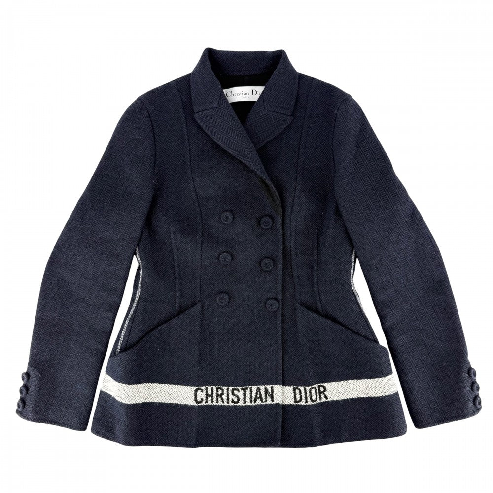 Dior ディオール ジャケット ロゴ ダブルブレスト アウター バージャケット アパレル 服 40 ネイビー 紺 秋 冬 ウール ナイロン レディース【中古品】