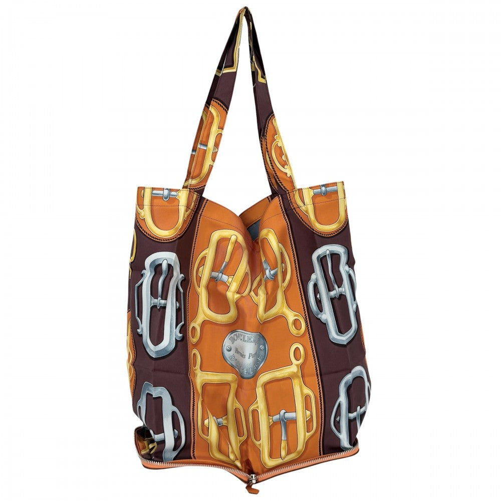 HERMES エルメス トートバッグ シルキーポップ エコバッグ 折りたたみバッグ BOVCLERIE D'ATTELAGE アトラージュのバックル シルク レザー オレンジ ブラウン 茶 シルバー金具 レディース【中古品】