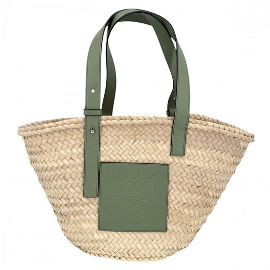 LOEWE ロエベ ハンドバッグ アナグラム バスケットバッグ バスケットバッグ かごバッグ ミディアム パームリーフ カーフレザー ベージュ グリーン 緑 シルバー金具 レディース【中古品】