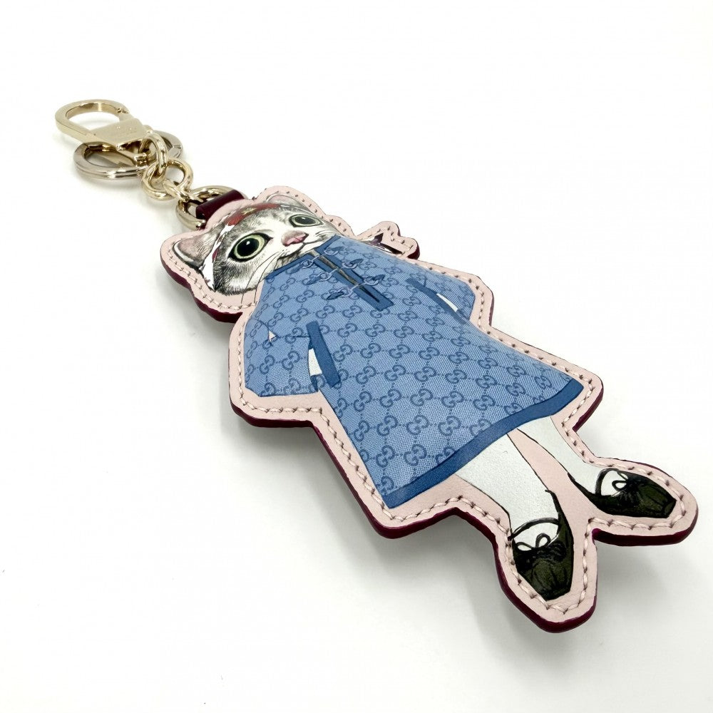 GUCCI グッチ キーリング ヒグチユウココラボ キーホルダー チャーム 猫 アクセサリー GGスプリーム 851743 レザー ブルー 青 ピンク ゴールド金具 レディース【中古品】
