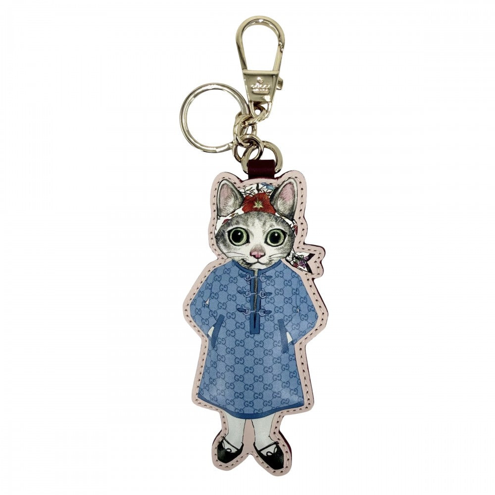 GUCCI グッチ キーリング ヒグチユウココラボ キーホルダー チャーム 猫 アクセサリー GGスプリーム 851743 レザー ブルー 青 ピンク ゴールド金具 レディース【中古品】
