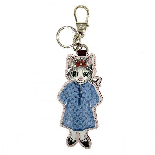 GUCCI グッチ キーリング ヒグチユウココラボ キーホルダー チャーム 猫 アクセサリー GGスプリーム 851743 レザー ブルー 青 ピンク ゴールド金具 レディース【中古品】