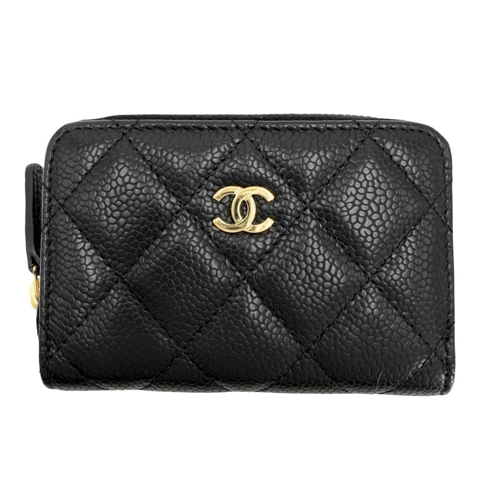 CHANEL シャネル コインケース マトラッセ クラシック ジップ カードケース ココマーク 小銭入れ 小物 キャビアスキン ブラック 黒 ゴールド金具 レディース【中古品】