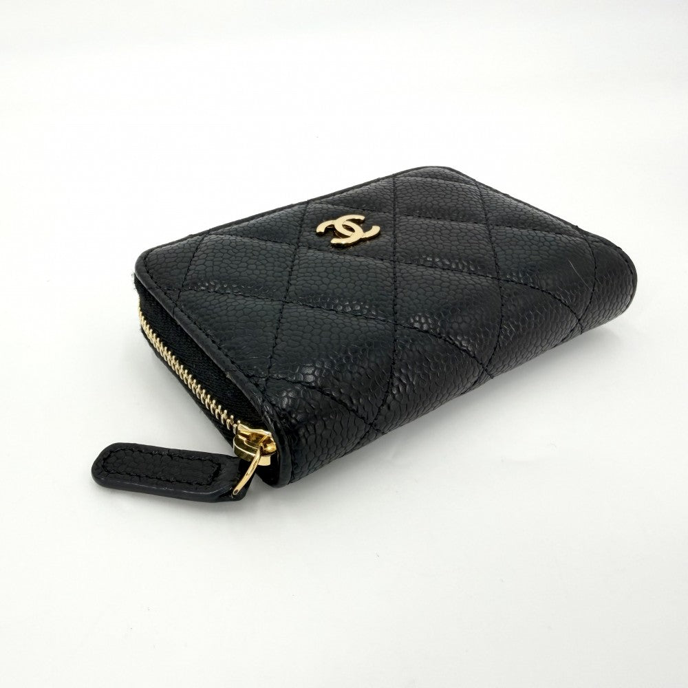 CHANEL シャネル コインケース マトラッセ クラシック ジップ カードケース ココマーク 小銭入れ 小物 キャビアスキン ブラック 黒 ゴールド金具 レディース【中古品】