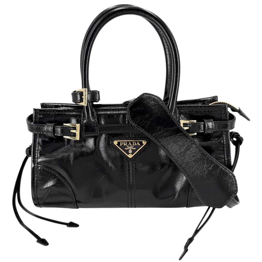 PRADA プラダ 2WAY ボニーミニ ハンドバッグ ショルダーバッグ トライアングルロゴ トートバッグ 1BA486 レザー ブラック 黒 ゴールド金具 レディース【中古品】