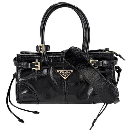 PRADA プラダ 2WAY ボニーミニ ハンドバッグ ショルダーバッグ トライアングルロゴ トートバッグ 1BA486 レザー ブラック 黒 ゴールド金具 レディース【中古品】