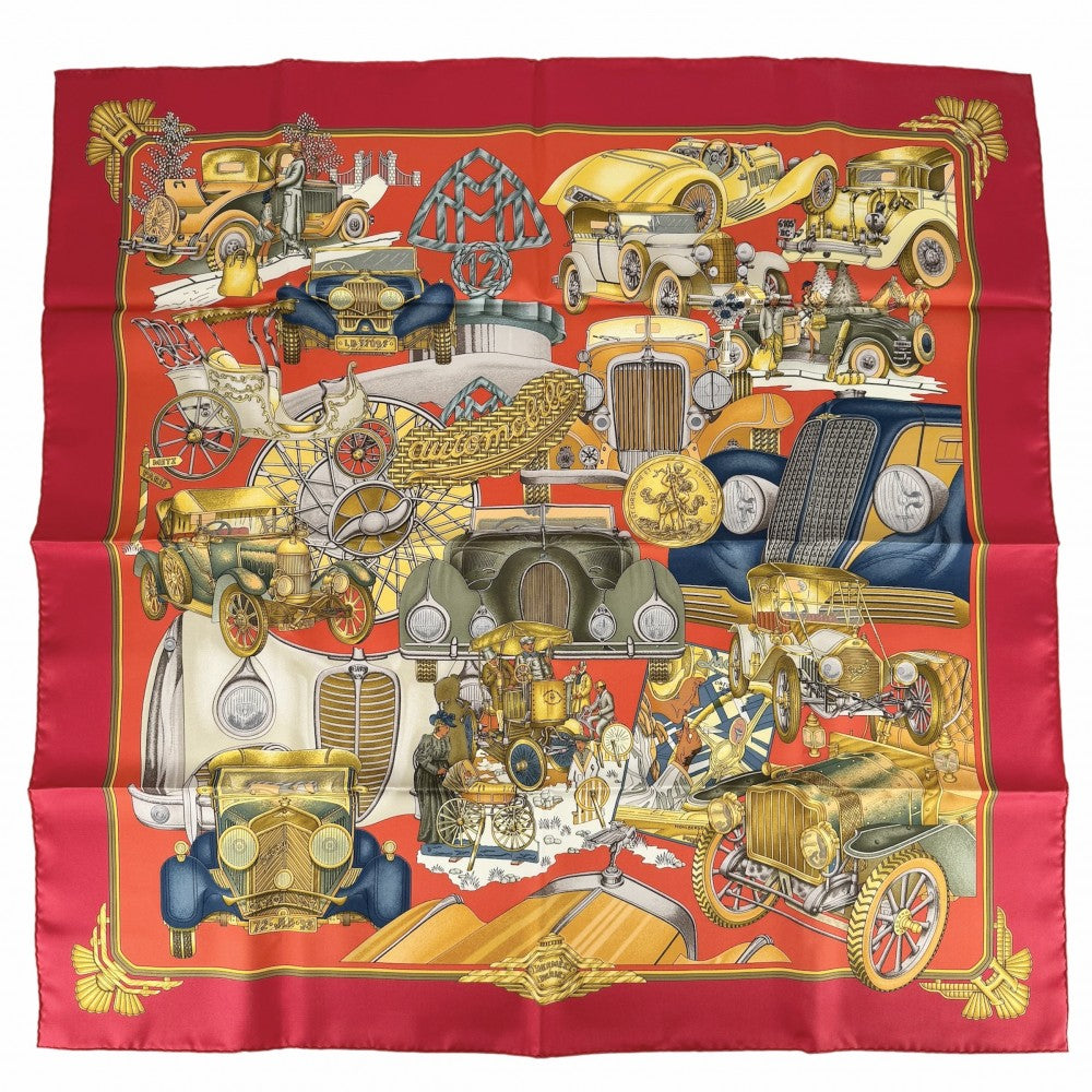 HERMES エルメス スカーフ カレ90 AUTOMOBILE オートモービル ファッションアイテム Carres シルク レッド 赤 レディース【中古品】