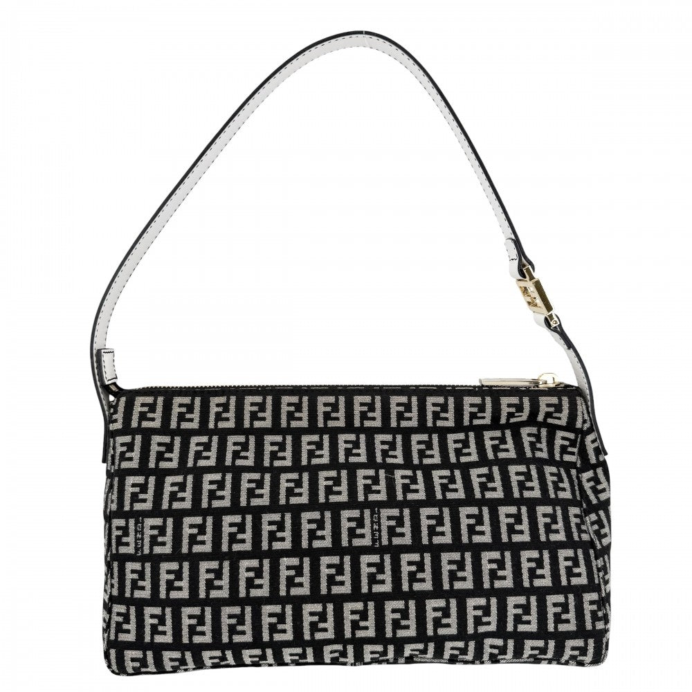 FENDI フェンディ ハンドバッグ ズッキーノ ワンハンドバッグ キャンバス レザー ブラック 黒 ホワイト 白 ゴールド金具 レディース【中古品】