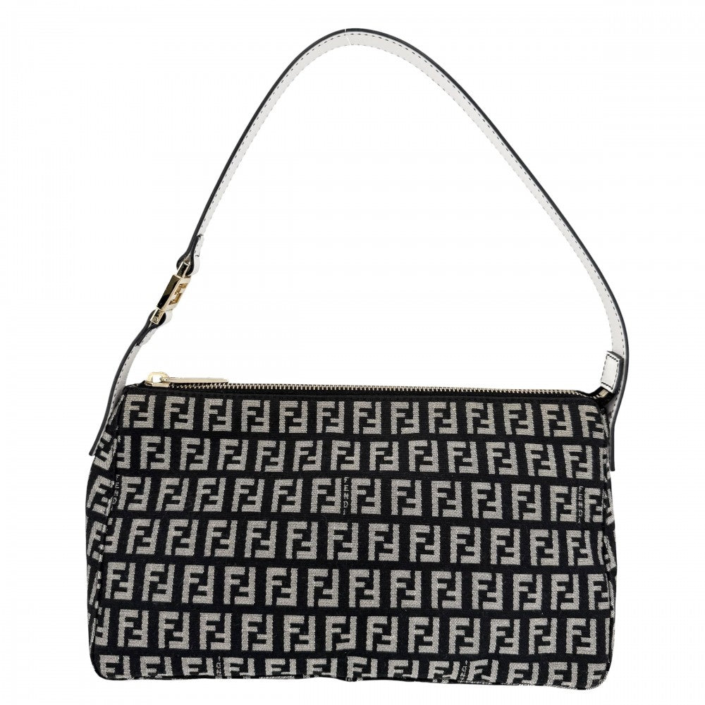 FENDI フェンディ ハンドバッグ ズッキーノ ワンハンドバッグ キャンバス レザー ブラック 黒 ホワイト 白 ゴールド金具 レディース【中古品】