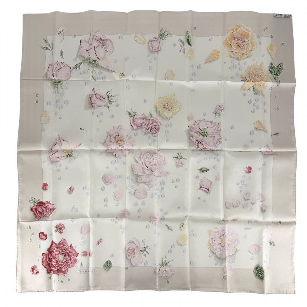 HERMES エルメス スカーフ カレ90 LA ROSEE 薔薇の雫 ファッションアイテム Carres シルク アイボリー レッド 赤 レディース【中古品】