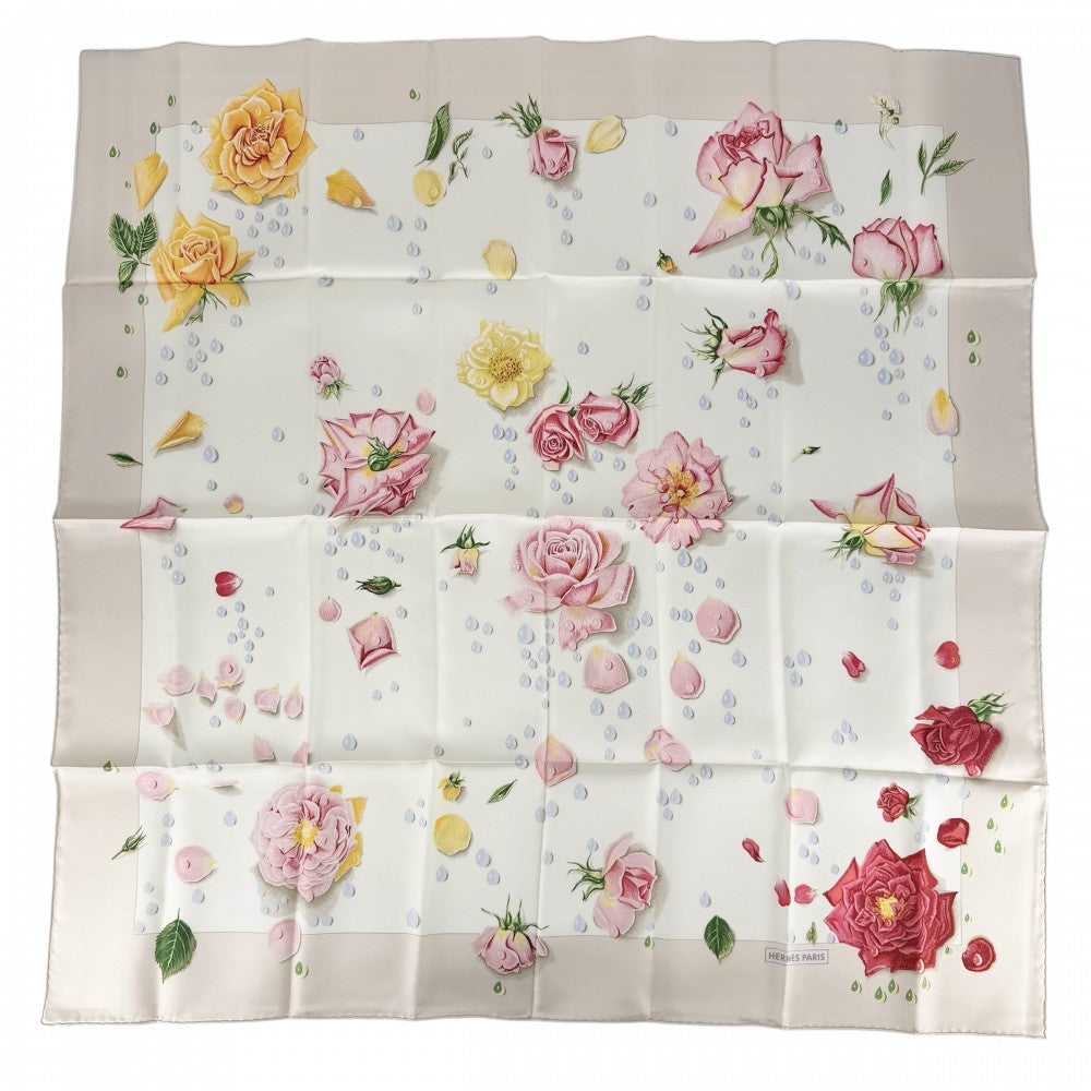 HERMES エルメス スカーフ カレ90 LA ROSEE 薔薇の雫 ファッションアイテム Carres シルク アイボリー レッド 赤 レディース【中古品】