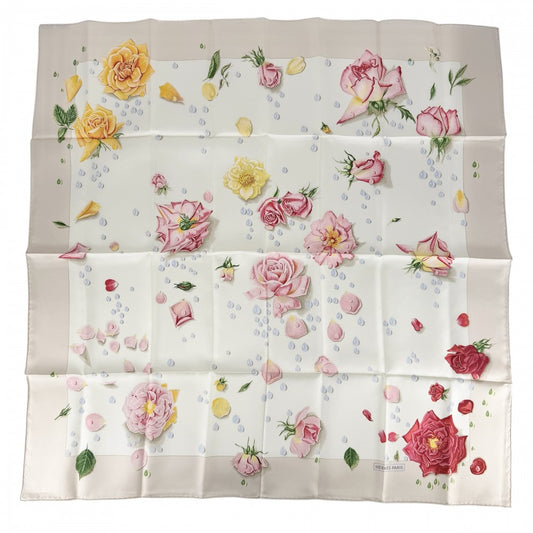 HERMES エルメス スカーフ カレ90 LA ROSEE 薔薇の雫 ファッションアイテム Carres シルク アイボリー レッド 赤 レディース【中古品】