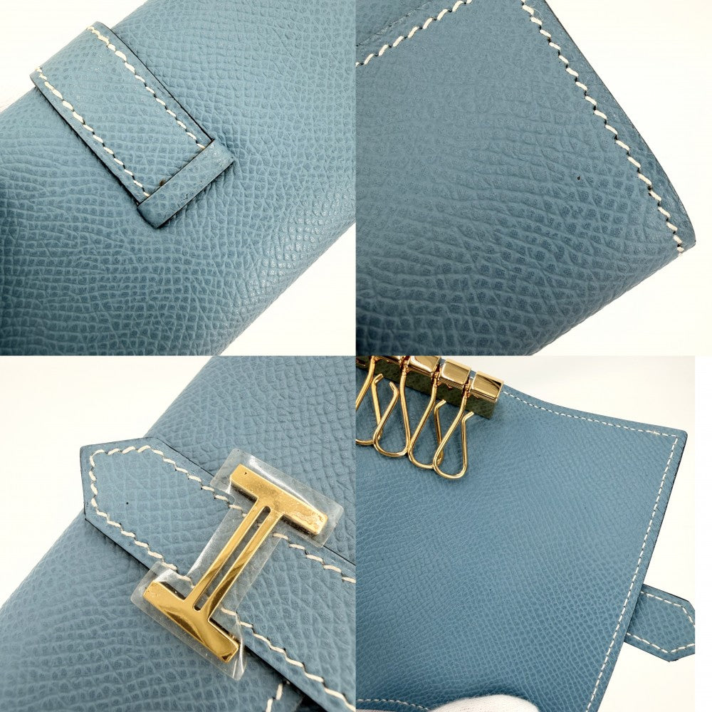 HERMES エルメス キーケース ベアン 4連 小物 □J刻印 レザー ブルー 青 ゴールド金具 ユニセックス 2006年【中古品】