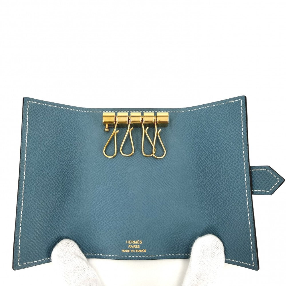HERMES エルメス キーケース ベアン 4連 小物 □J刻印 レザー ブルー 青 ゴールド金具 ユニセックス 2006年【中古品】