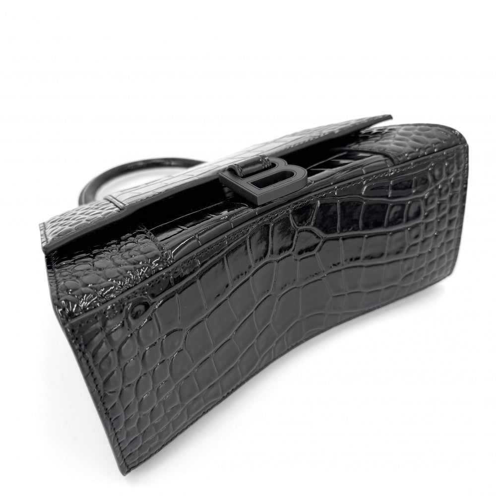 BALENCIAGA バレンシアガ 2WAY アワーグラス　スモール ハンドバッグ ショルダーバッグ HOURGLASS クロコ型押し トップハンドル 593546 レザー ブラック 黒 ブラック金具 レディース【中古品】