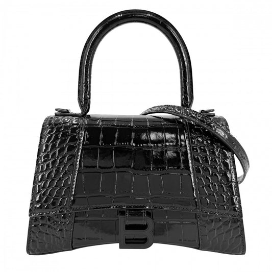 BALENCIAGA バレンシアガ 2WAY アワーグラス　スモール ハンドバッグ ショルダーバッグ HOURGLASS クロコ型押し トップハンドル 593546 レザー ブラック 黒 ブラック金具 レディース【中古品】