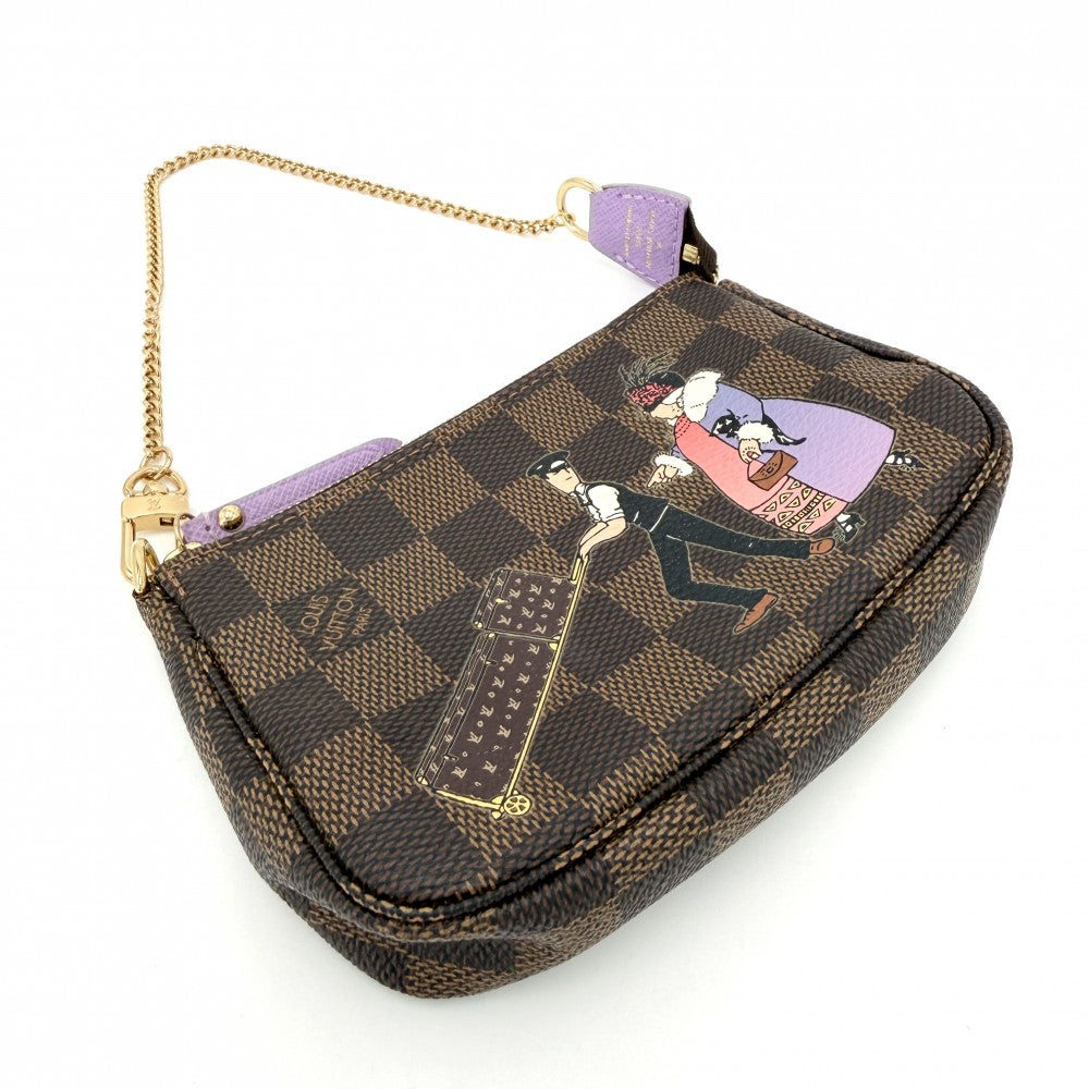 LOUIS VUITTON ルイヴィトン ハンドバッグ ダミエ ミニポシェットアクセソワール イリュストレ MiniPochette Accessoires アクセサリーポーチ N63003 モノグラムキャンバス ブラウン 茶 パープル 紫
 ゴールド金具 レディース【中古品】