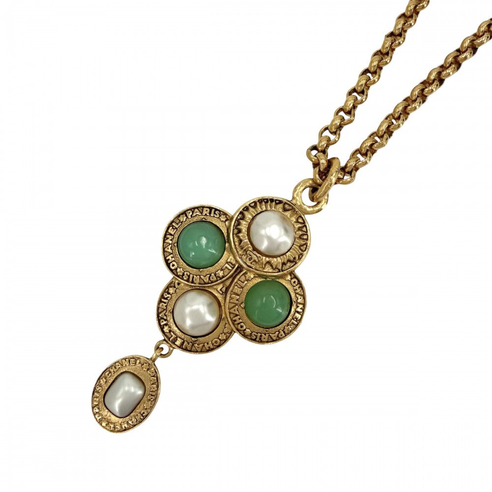 CHANEL シャネル ネックレス ロングネックレス ペンダント ヴィンテージ アクセサリー GP カラーストーン フェイクパール 28 ホワイト 白 グリーン 緑 レディース 約122.3g 1993年【中古品】