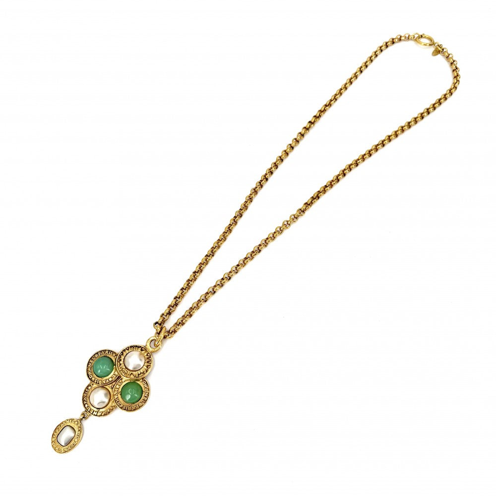 CHANEL シャネル ネックレス ロングネックレス ペンダント ヴィンテージ アクセサリー GP カラーストーン フェイクパール 28 ホワイト 白 グリーン 緑 レディース 約122.3g 1993年【中古品】