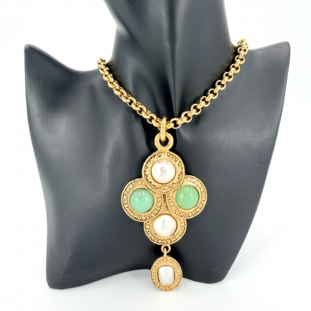 CHANEL シャネル ネックレス ロングネックレス ペンダント ヴィンテージ アクセサリー GP カラーストーン フェイクパール 28 ホワイト 白 グリーン 緑 レディース 約122.3g 1993年【中古品】