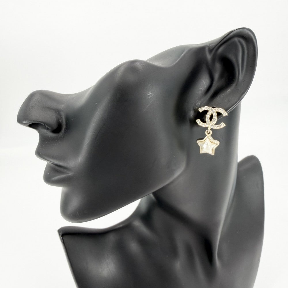 CHANEL シャネル ピアス ココマーク スイング アクセサリー スター 星 GP ラインストーン フェイクパール B24C ゴールド レディース 約6.8g 2024年【中古品】