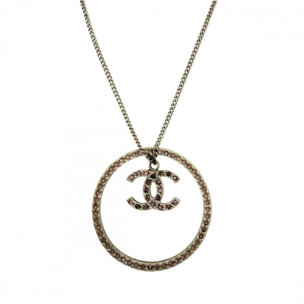 CHANEL シャネル ネックレス サークル ココマーク アクセサリー ロングネックレス ラインストーン GP 06A ゴールド ピンク レディース 約12.3g 2006年【中古品】