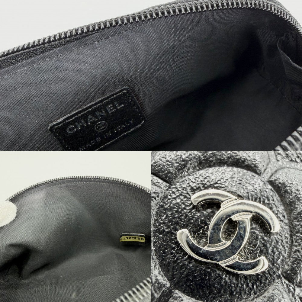 CHANEL シャネル ポーチ カメリア ココマーク 小物入れ レザー ブラック 黒 シルバー金具 レディース【中古品】