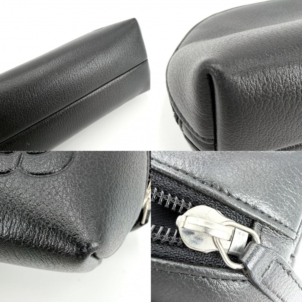 CHANEL シャネル ポーチ カメリア ココマーク 小物入れ レザー ブラック 黒 シルバー金具 レディース【中古品】