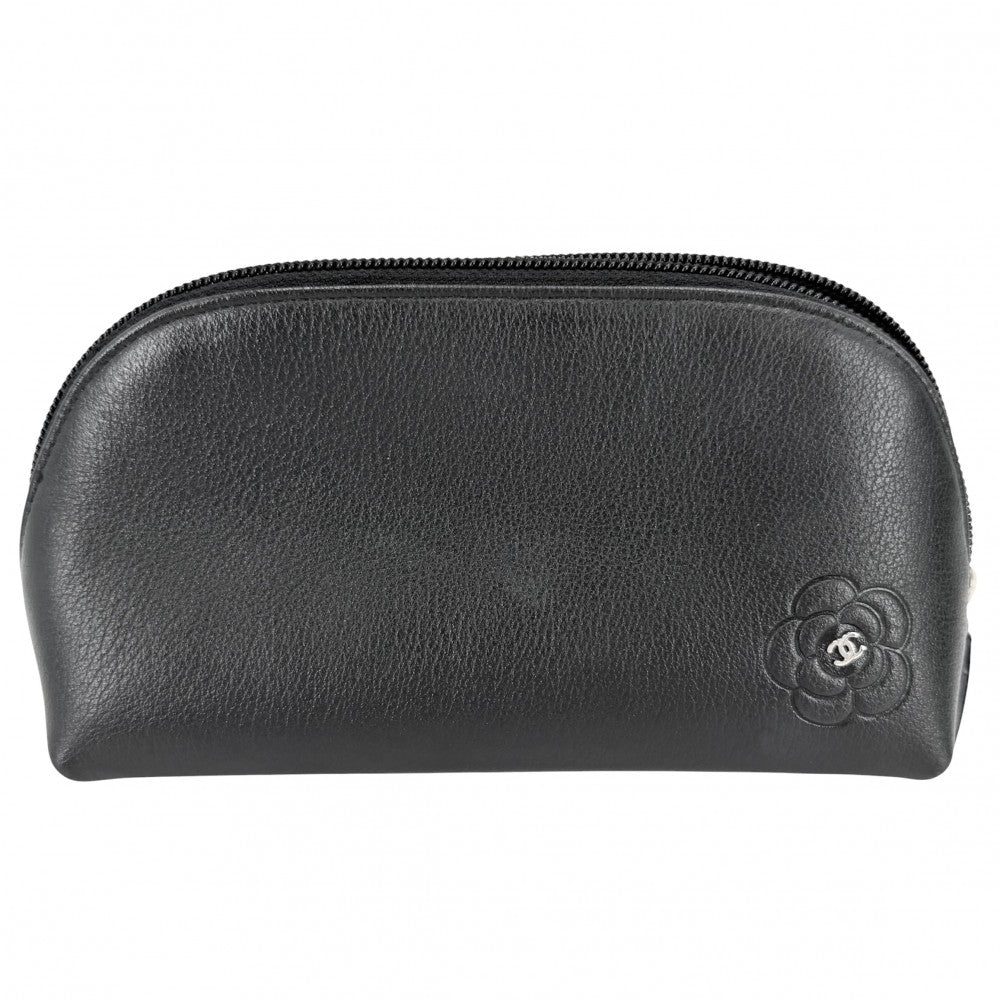 CHANEL シャネル ポーチ カメリア ココマーク 小物入れ レザー ブラック 黒 シルバー金具 レディース【中古品】