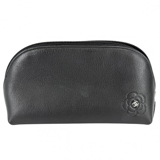 CHANEL シャネル ポーチ カメリア ココマーク 小物入れ レザー ブラック 黒 シルバー金具 レディース【中古品】
