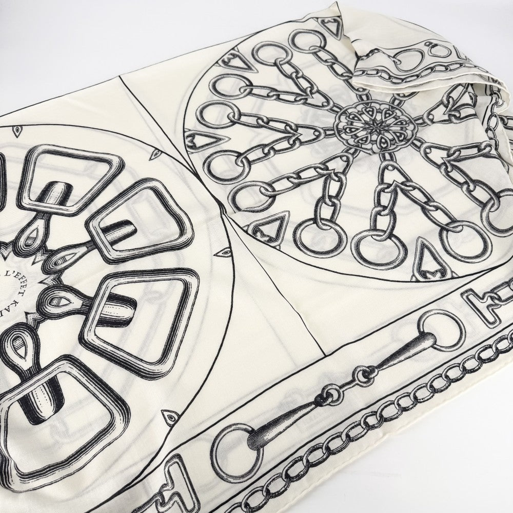 HERMES エルメス ストール カレジェアン L'EFFET KALEIDOSCOPE スカーフ 大判 ファッションアイテム カレイドスコープ エフェクト カレ140 カシミヤ シルク ホワイト 白 ブラック 黒 レディース【中古品】