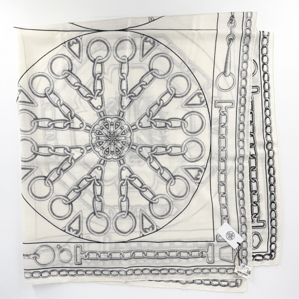HERMES エルメス ストール カレジェアン L'EFFET KALEIDOSCOPE スカーフ 大判 ファッションアイテム カレイドスコープ エフェクト カレ140 カシミヤ シルク ホワイト 白 ブラック 黒 レディース【中古品】