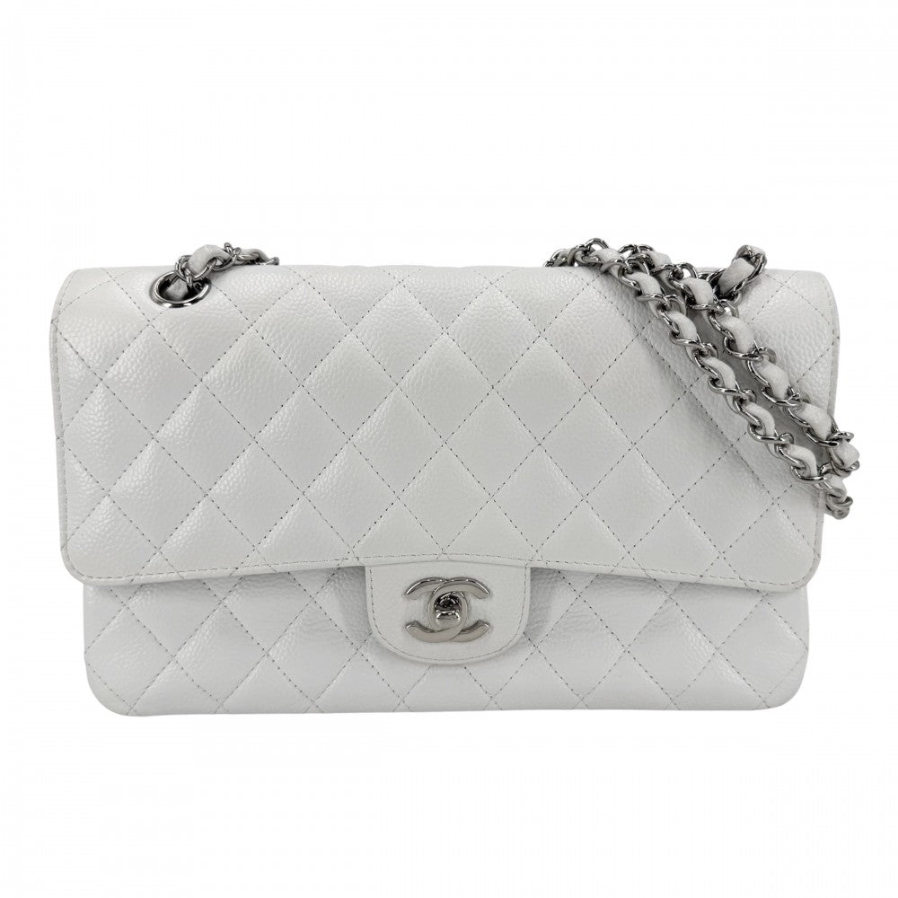 CHANEL シャネル ショルダーバッグ マトラッセ25 ダブルチェーン ダブルフラップ ココマーク ターンロック キャビアスキン ホワイト 白 シルバー金具 レディース【中古品】