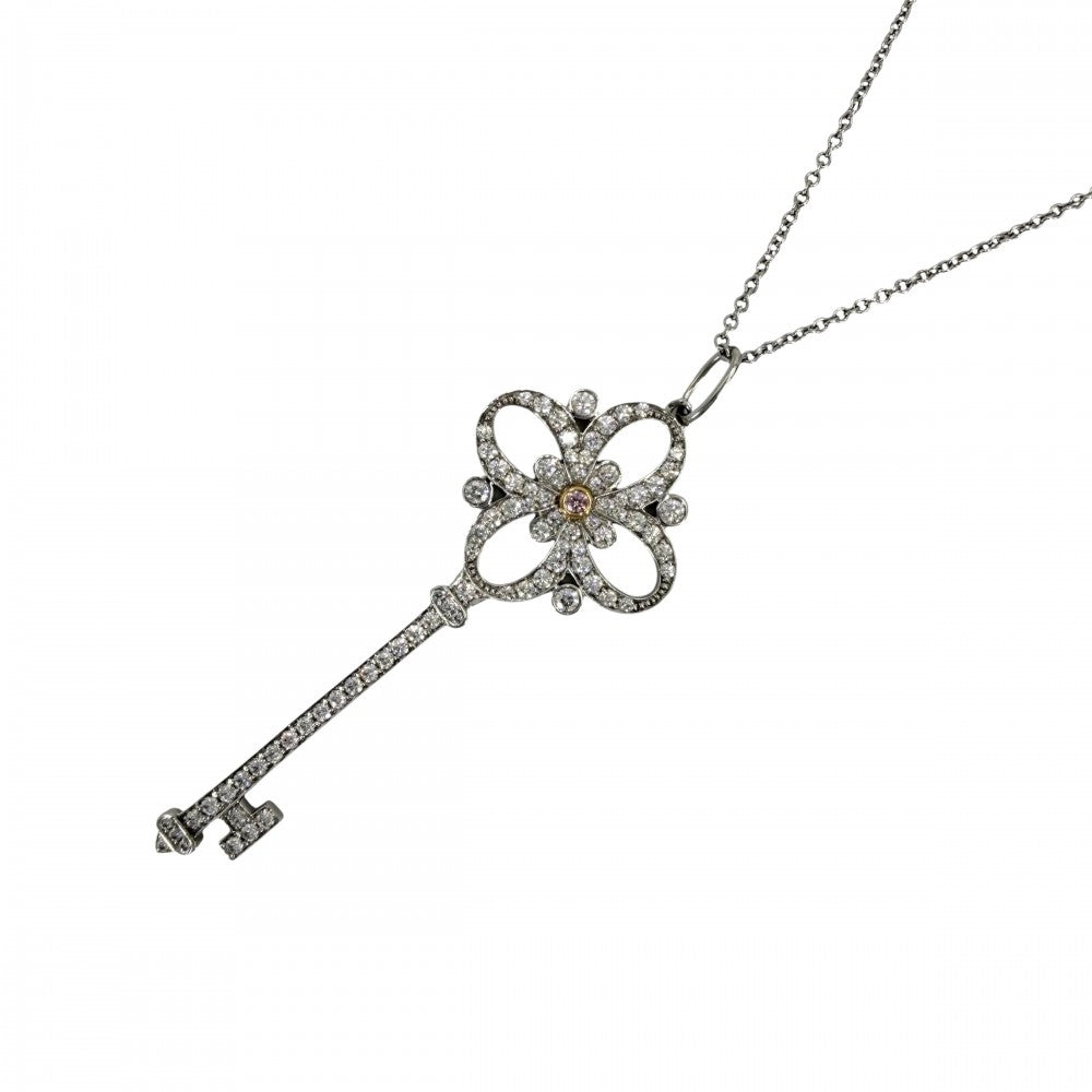 TIFFANY&Co. ティファニー ネックレス ビクトリア キー 鍵 ジュエリー アクセサリー Pt950プラチナ 18Kイエローゴールド ピンクダイヤモンド レディース 約7.1g【中古品】