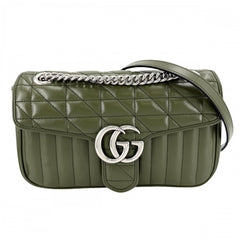 GUCCI グッチ ショルダーバッグ GGマーモント キルティングスモールチェーンショルダー　 ハート 443497 レザー カーキ シルバー金具 レディース【中古品】