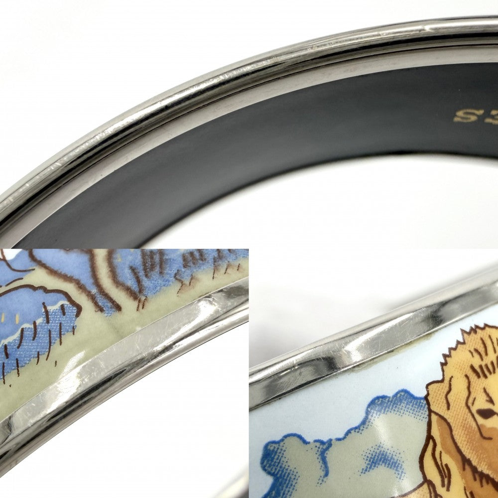 HERMES エルメス バングル エマイユGM アクセサリー ブレスレット ライオン 七宝焼き ブルー系 ブラック 黒 シルバー金具 レディース 約33.5g【中古品】
