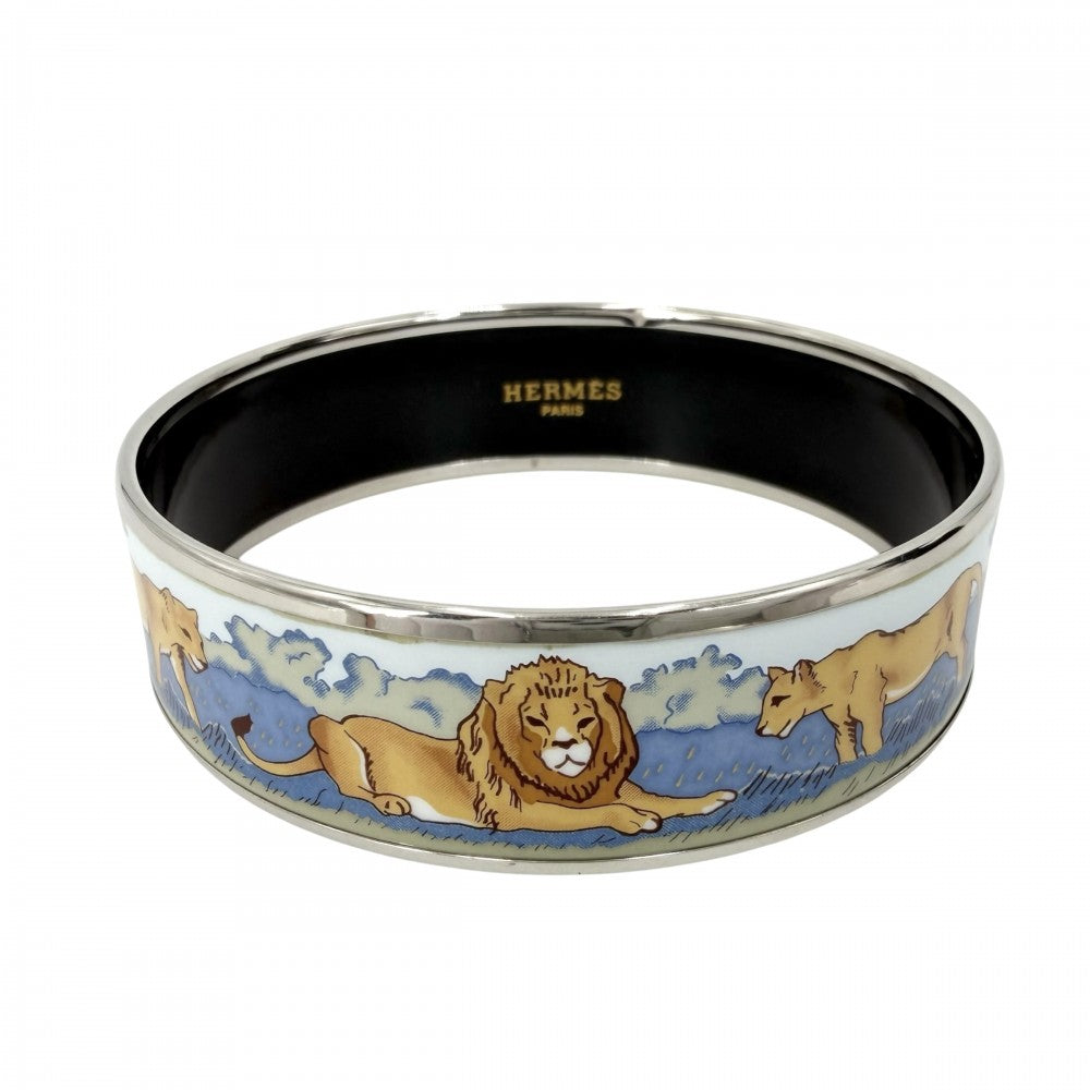 HERMES エルメス バングル エマイユGM アクセサリー ブレスレット ライオン 七宝焼き ブルー系 ブラック 黒 シルバー金具 レディース 約33.5g【中古品】