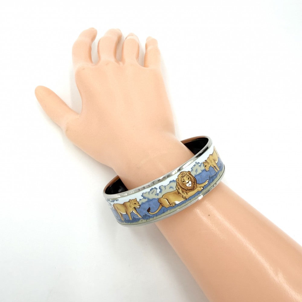 HERMES エルメス バングル エマイユGM アクセサリー ブレスレット ライオン 七宝焼き ブルー系 ブラック 黒 シルバー金具 レディース 約33.5g【中古品】