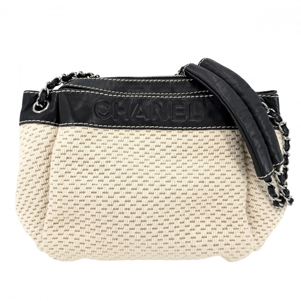 CHANEL シャネル ハンドバッグ ロゴ チェーン レザー キャンバス ベージュ ブラック 黒 シルバー金具 レディース【中古品】