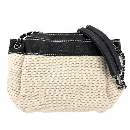 CHANEL シャネル ハンドバッグ ロゴ チェーン レザー キャンバス ベージュ ブラック 黒 シルバー金具 レディース【中古品】