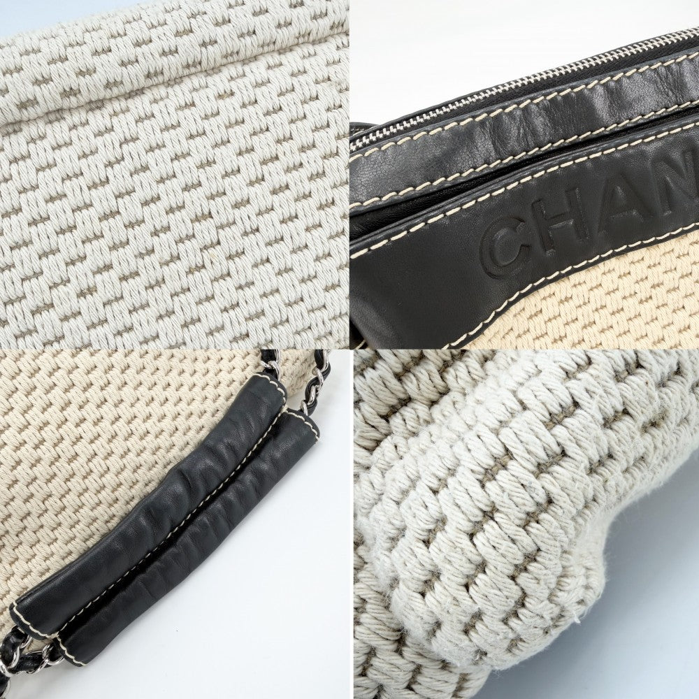 CHANEL シャネル ハンドバッグ ロゴ チェーン レザー キャンバス ベージュ ブラック 黒 シルバー金具 レディース【中古品】