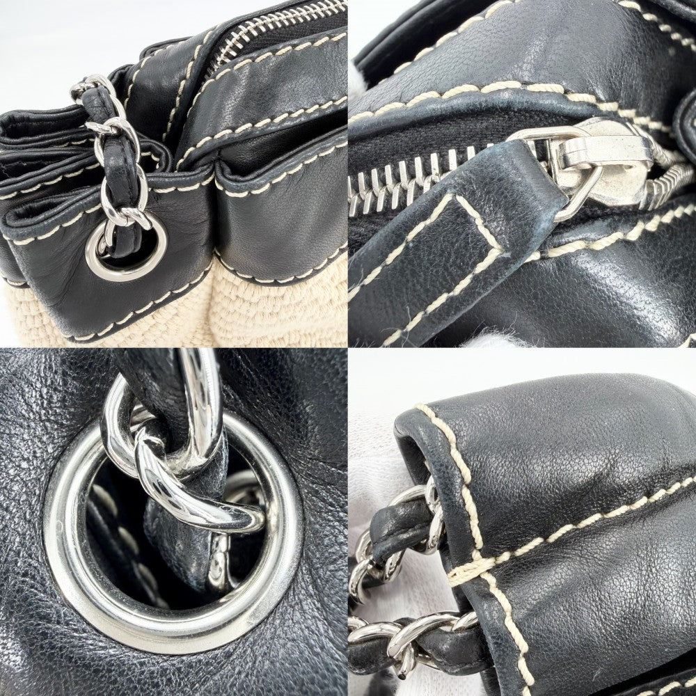 CHANEL シャネル ハンドバッグ ロゴ チェーン レザー キャンバス ベージュ ブラック 黒 シルバー金具 レディース【中古品】
