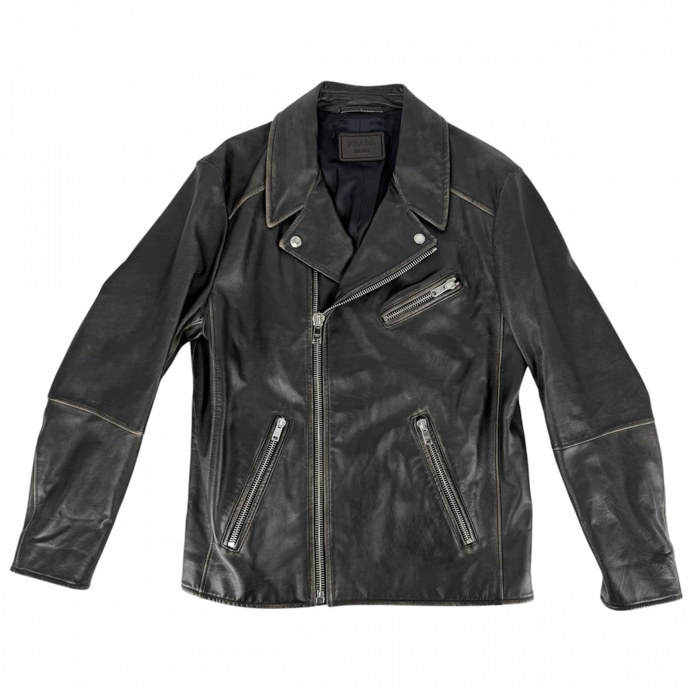 PRADA プラダ ライダースジャケット レザージャケット アウター ブルゾン アパレル 服 50 ブラウン系 シルバー金具 春 秋 牛革 メンズ【中古品】