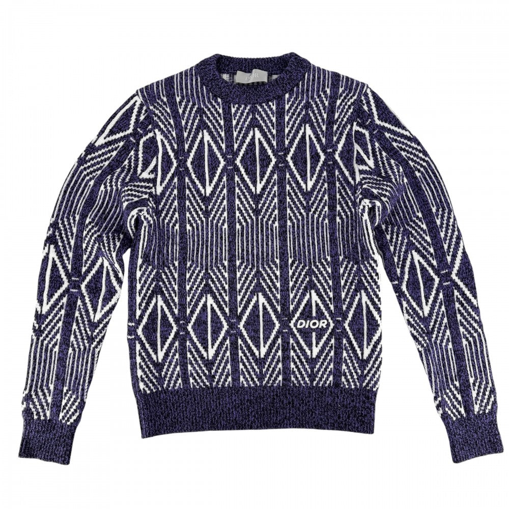 DIOR HOMME ディオール・オム ニット ダイヤモンドストライプ セーター トップス アパレル 服 XS パープル 紫
 ホワイト 白 ウール ポリエステル メンズ【中古品】