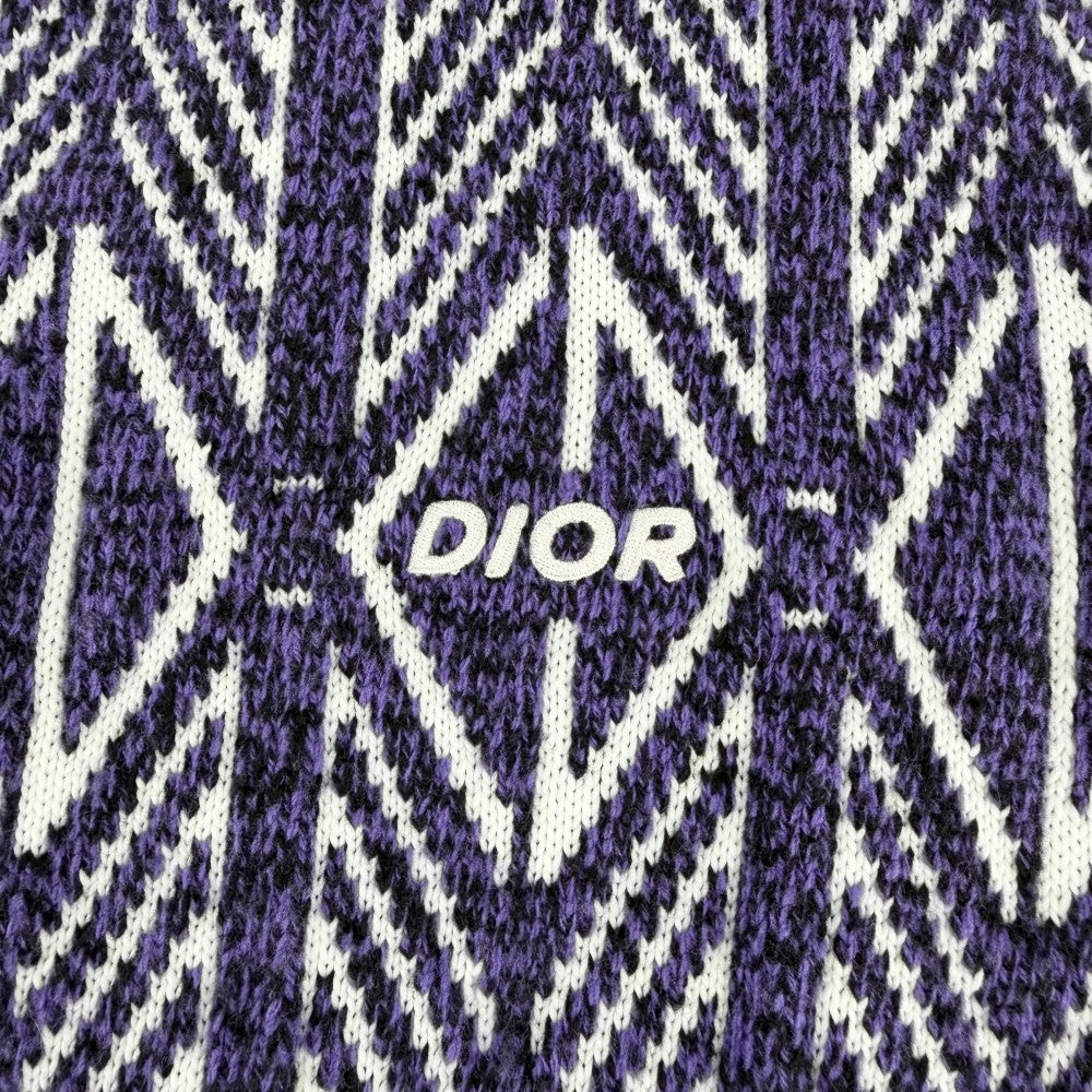 DIOR HOMME ディオール・オム ニット ダイヤモンドストライプ セーター トップス アパレル 服 XS パープル 紫
 ホワイト 白 ウール ポリエステル メンズ【中古品】